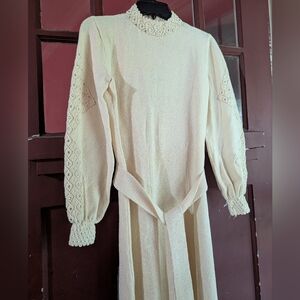 Miss JoAnn California ivory knit maxi w/sequined sleeves and mock neck and sash